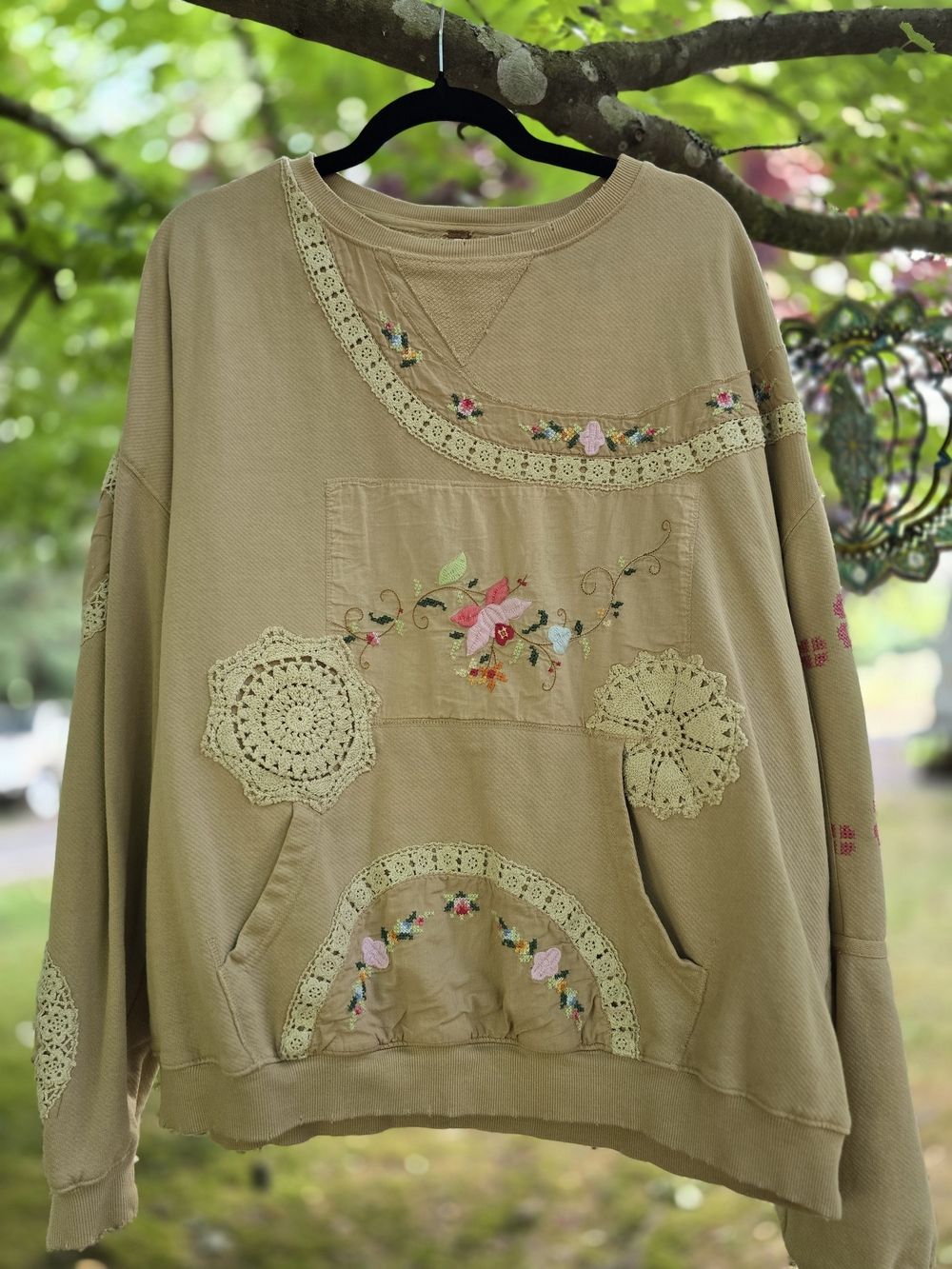 Free People Embroidered Crochet Patch Pullover Sweatshirt - Tan